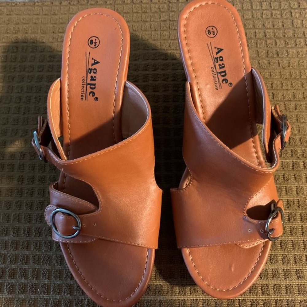 Agape Brown Buckle Polo Wedge Sandal